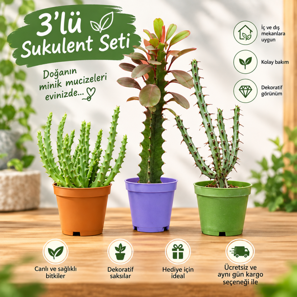 3’lü Sukulent Seti – Dekoratif Canlı Bitkiler