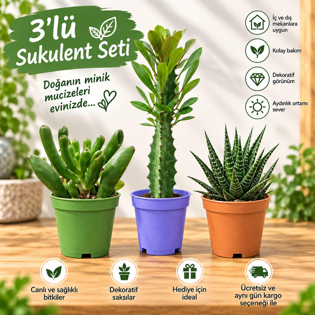 3’lü Sukulent Seti(2)  – Dekoratif Canlı Bitkiler
