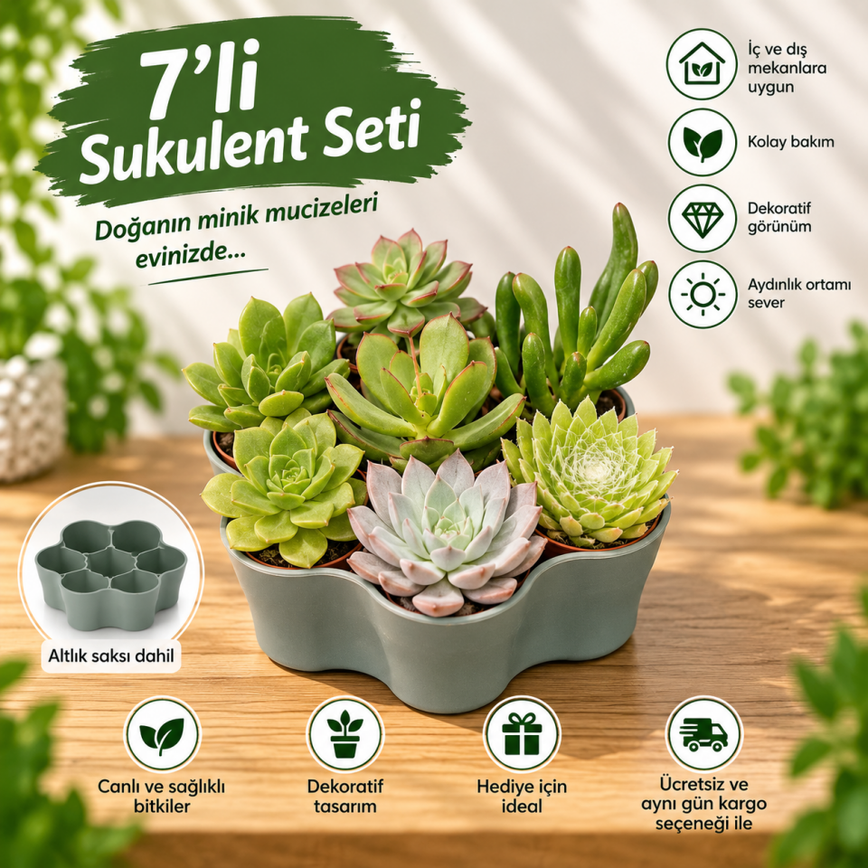 7'li  Sukulent Seti(2) – Altlık saksı dahil